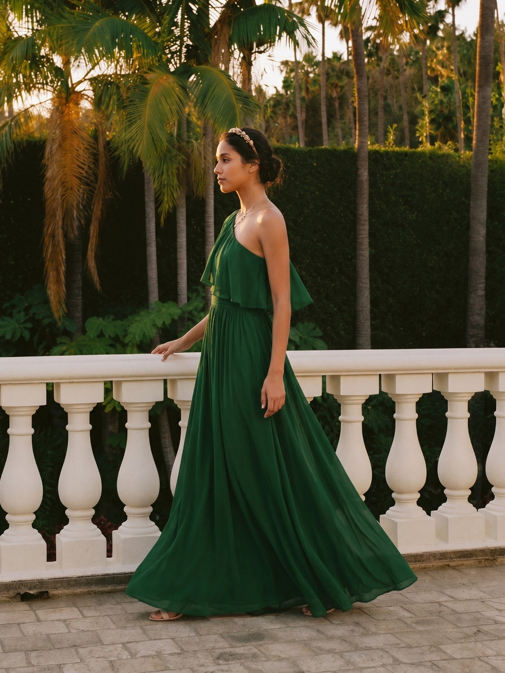 Coquette Forest Green Chiffon A-Line One Shoulder Backless with Pleated Ankle-Length Bridesmaid Dress