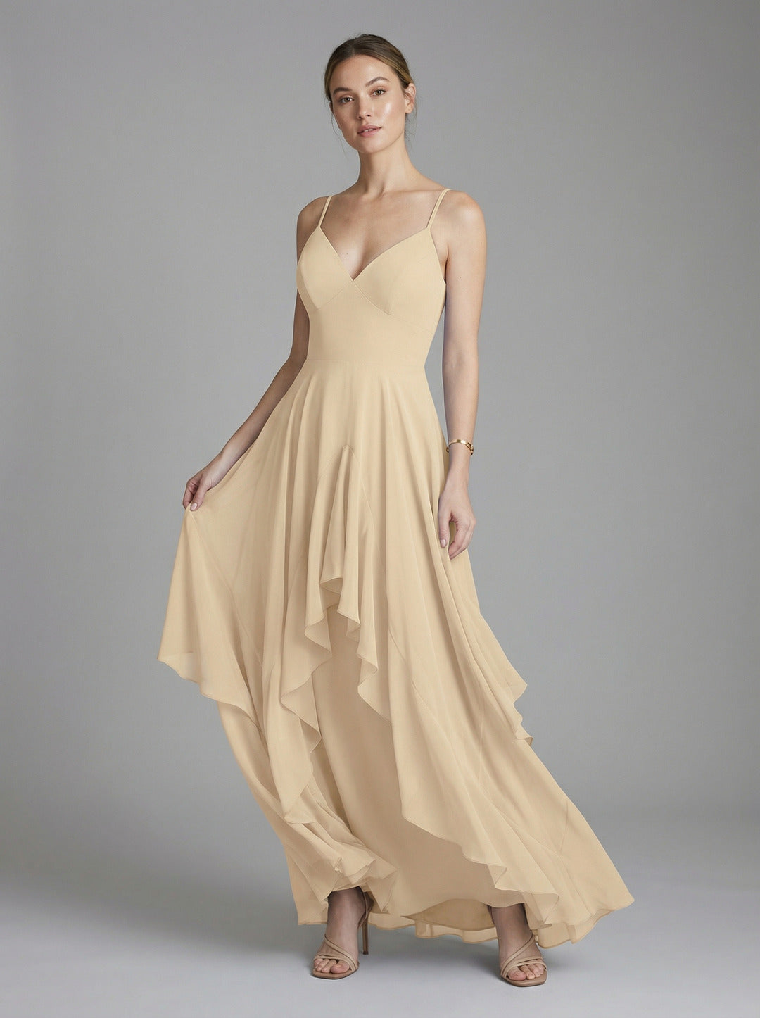 Coquette Champagne Chiffon A-Line V-Neck Ankle-Length Bridesmaid Dress