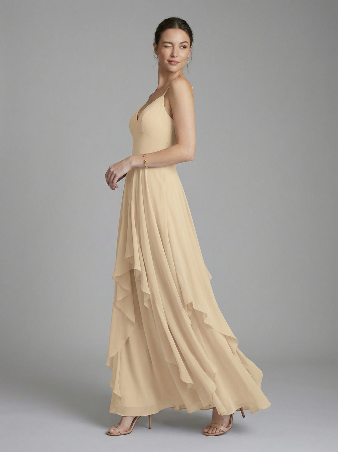 Coquette Champagne Chiffon A-Line V-Neck Ankle-Length Bridesmaid Dress