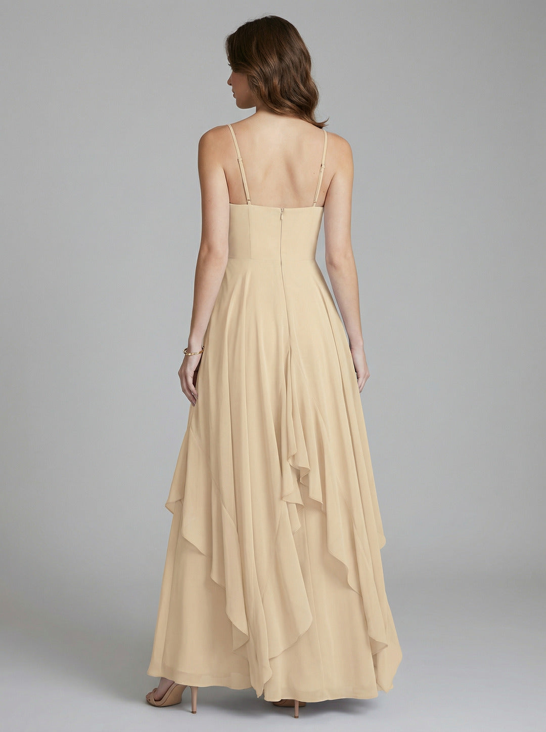 Coquette Champagne Chiffon A-Line V-Neck Ankle-Length Bridesmaid Dress