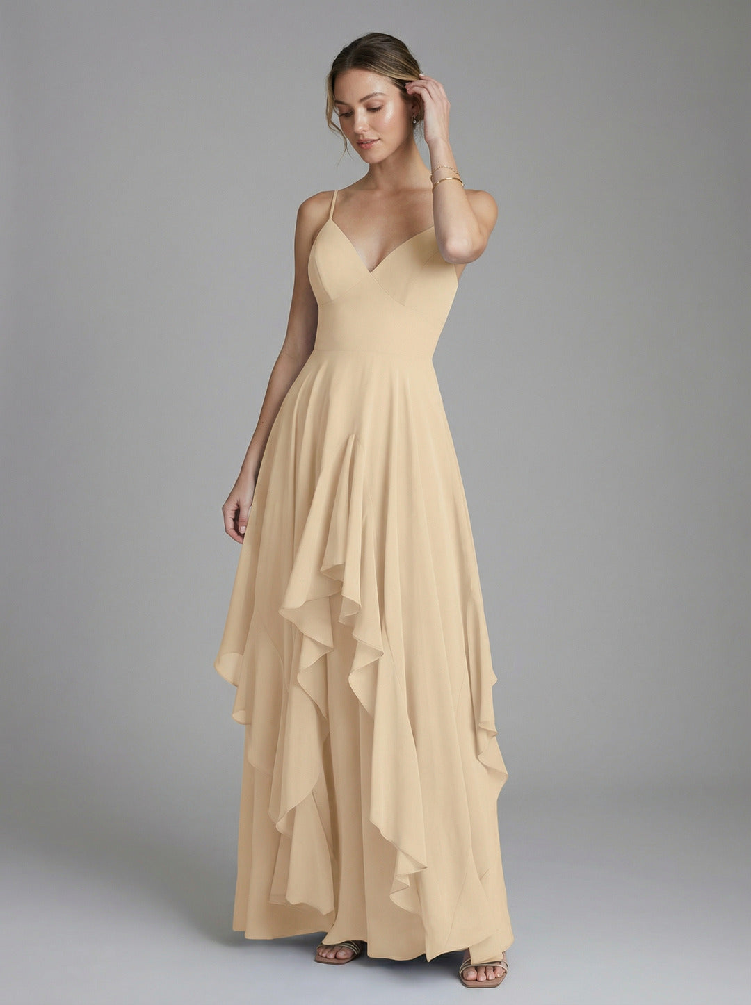 Coquette Champagne Chiffon A-Line V-Neck Ankle-Length Bridesmaid Dress