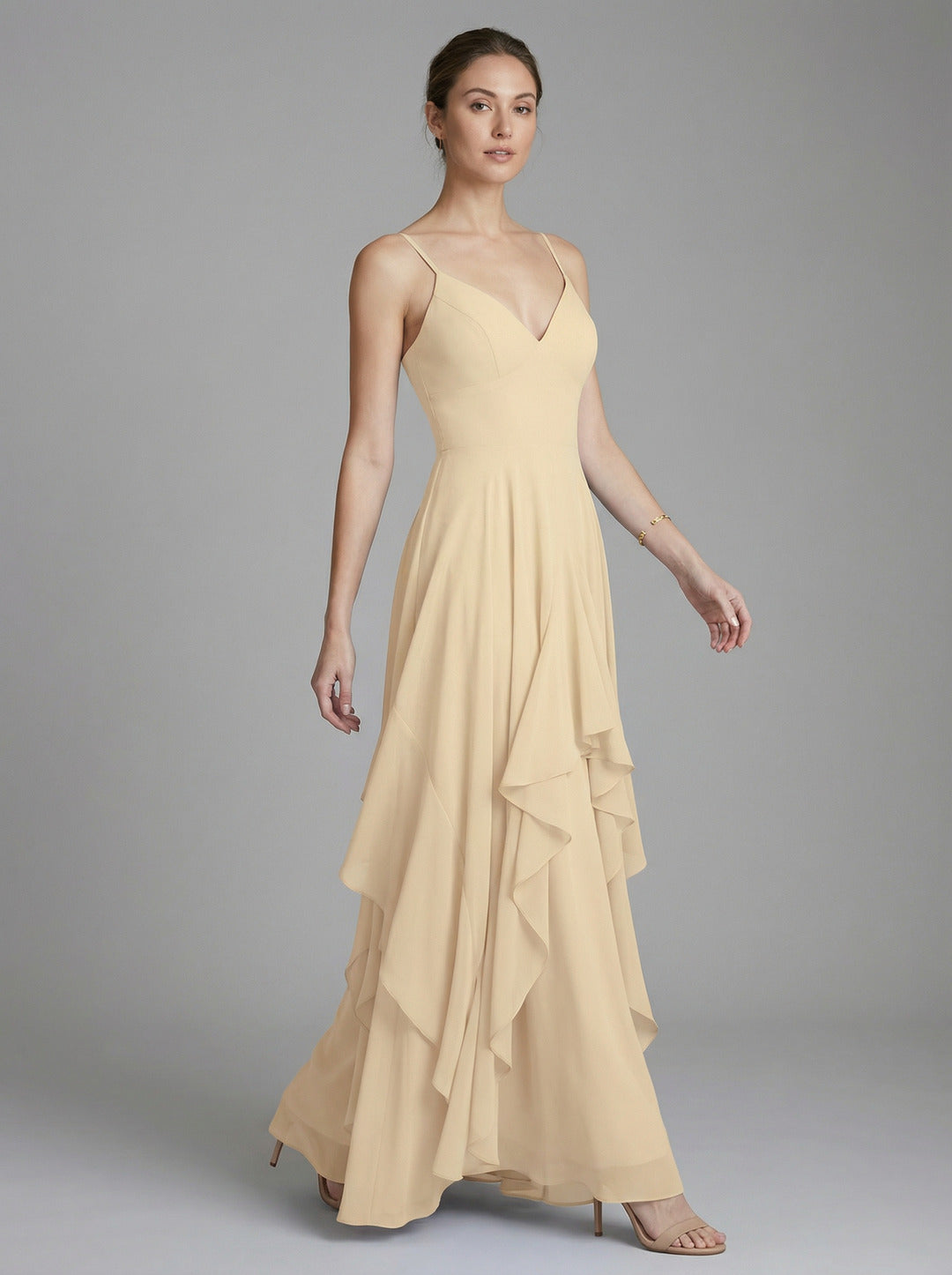 Coquette Champagne Chiffon A-Line V-Neck Ankle-Length Bridesmaid Dress