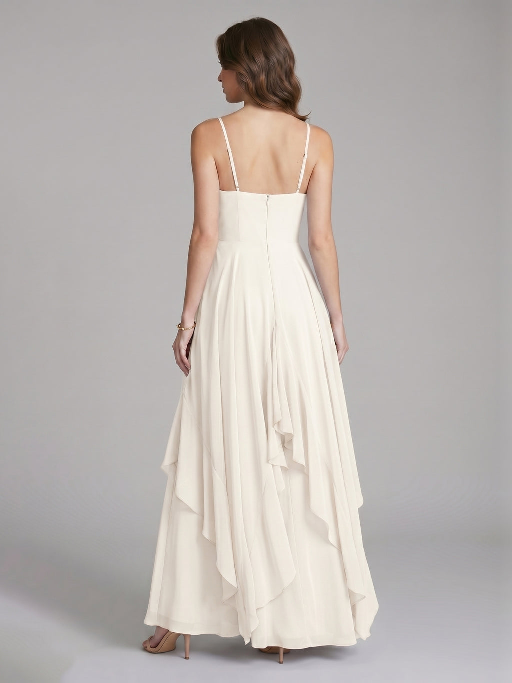 Coquette Ivory Chiffon A-Line V-Neck Ankle-Length Bridesmaid Dress