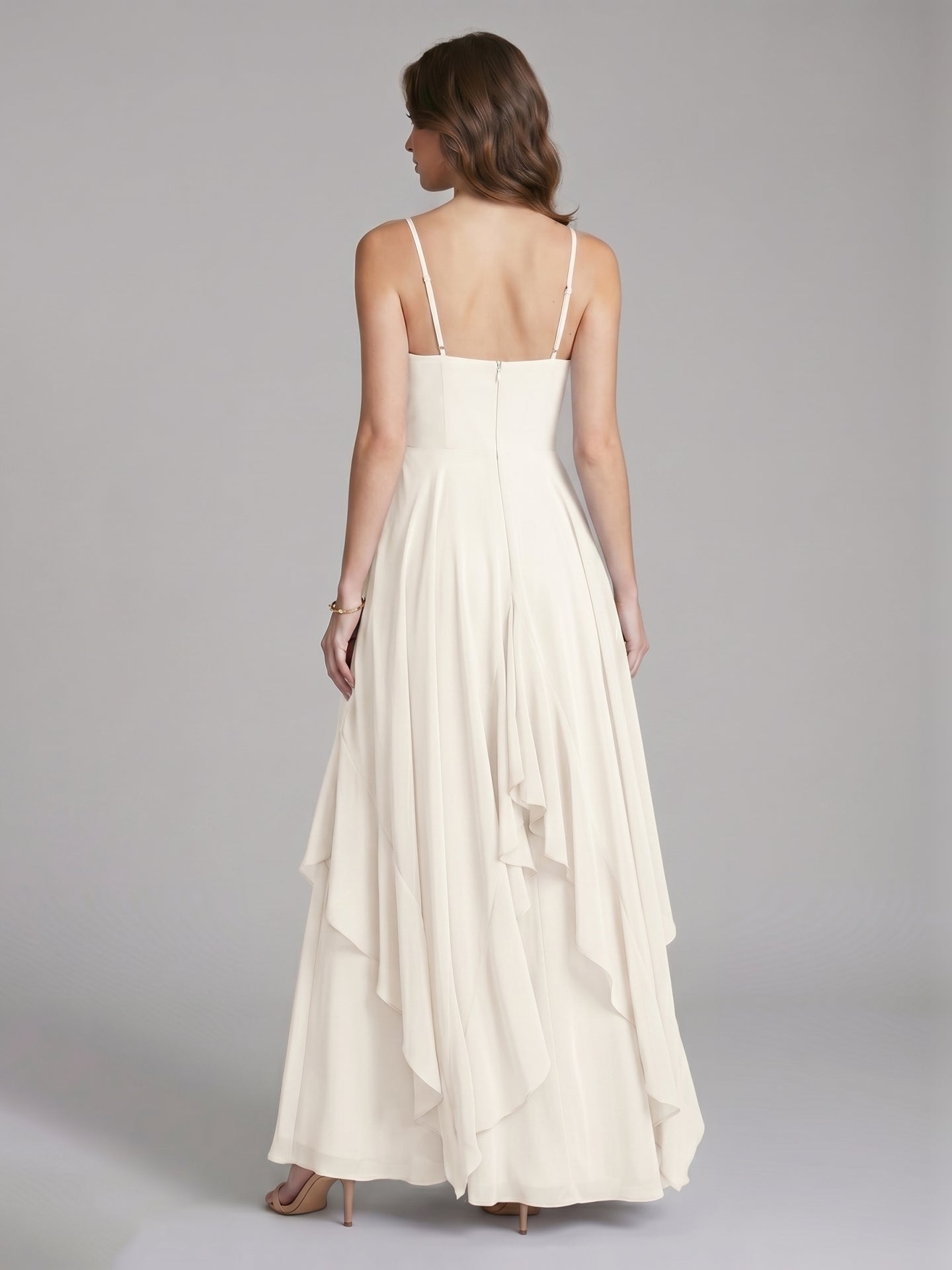 Coquette Ivory Chiffon A-Line V-Neck Ankle-Length Bridesmaid Dress