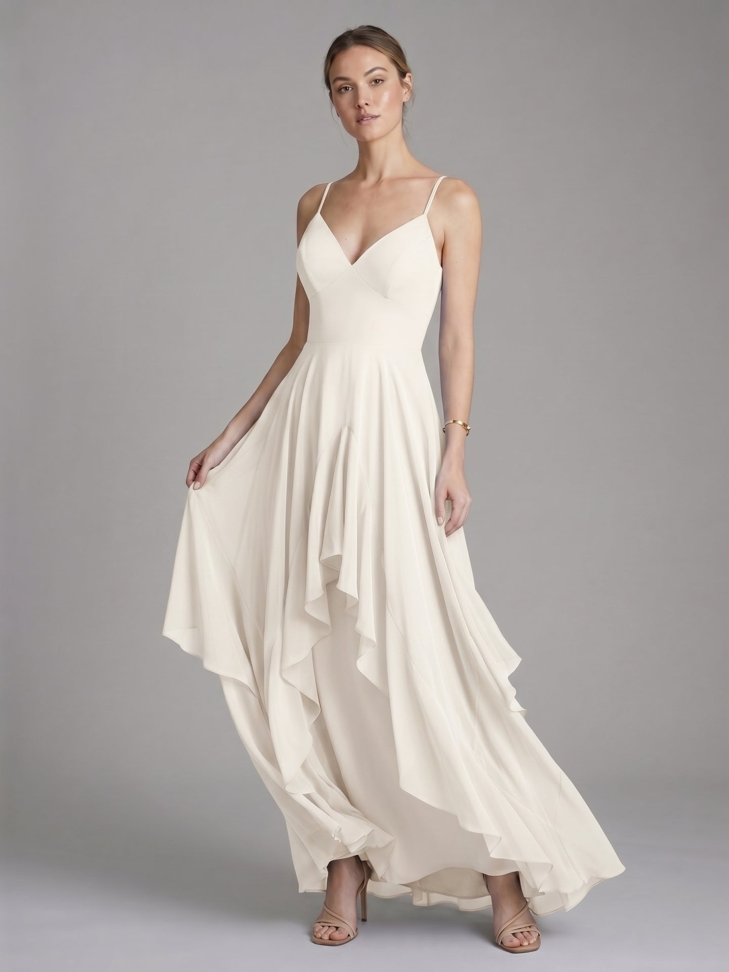 Coquette Ivory Chiffon A-Line V-Neck Ankle-Length Bridesmaid Dress