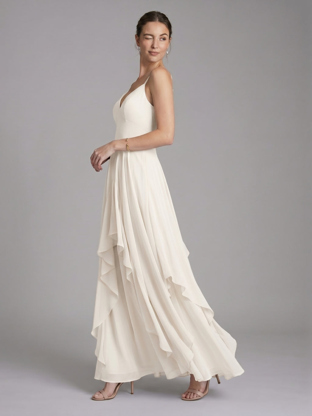 Coquette Ivory Chiffon A-Line V-Neck Ankle-Length Bridesmaid Dress
