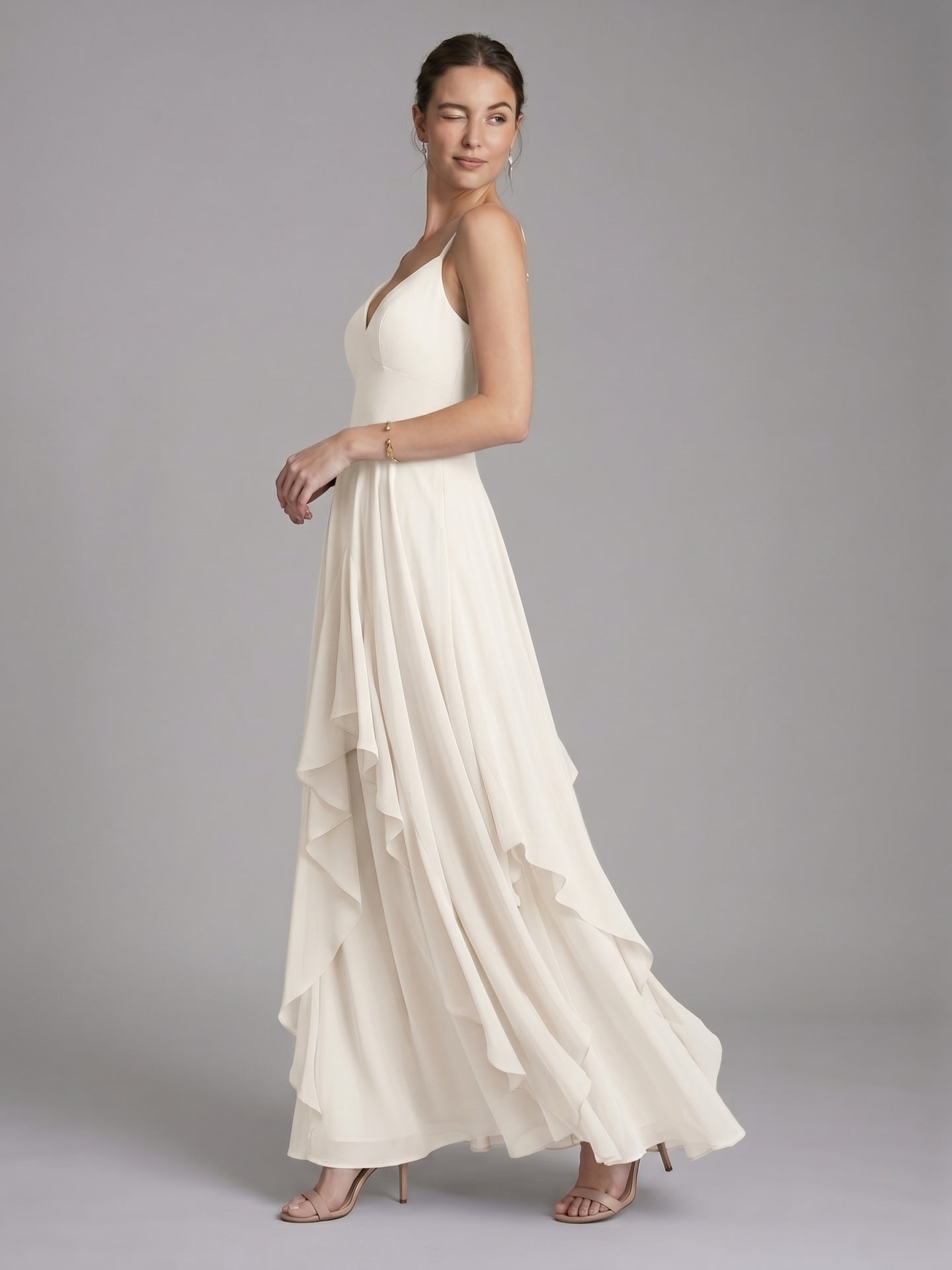 Coquette Ivory Chiffon A-Line V-Neck Ankle-Length Bridesmaid Dress