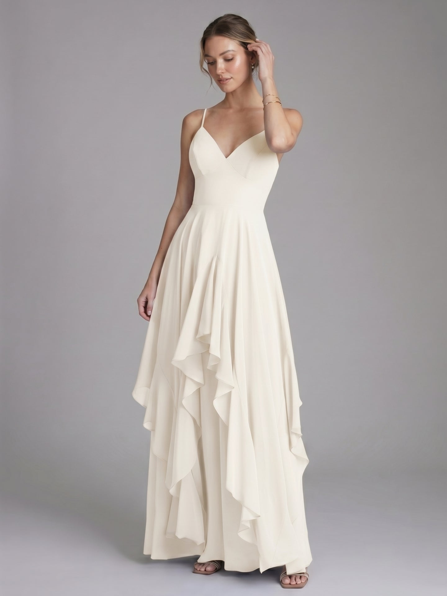 Coquette Ivory Chiffon A-Line V-Neck Ankle-Length Bridesmaid Dress