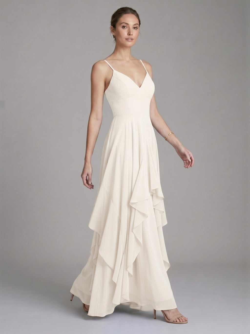 Coquette Ivory Chiffon A-Line V-Neck Ankle-Length Bridesmaid Dress