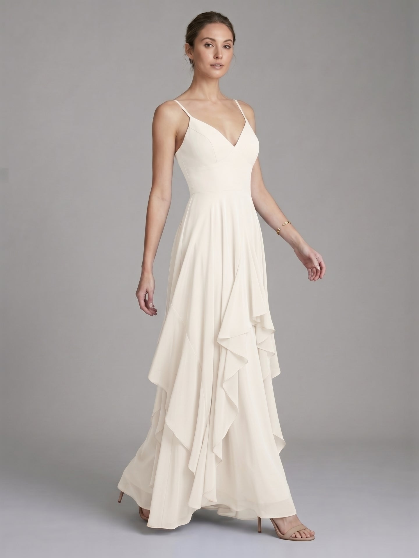 Coquette Ivory Chiffon A-Line V-Neck Ankle-Length Bridesmaid Dress