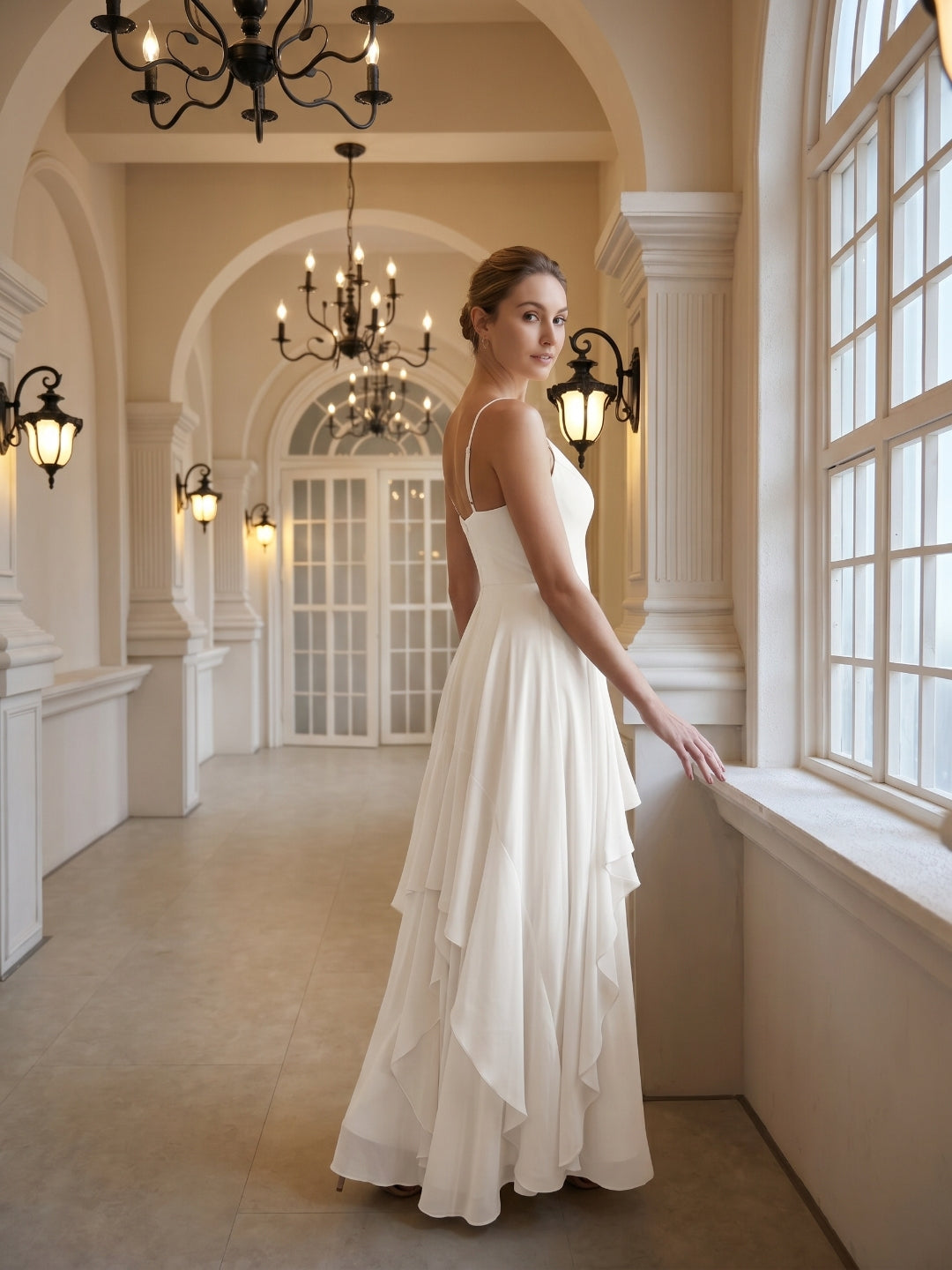 Coquette Ivory Chiffon A-Line V-Neck Ankle-Length Bridesmaid Dress