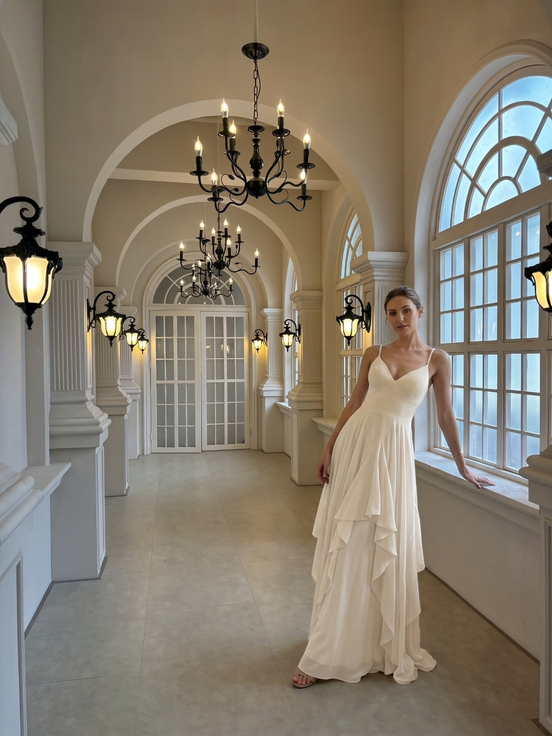 Coquette Ivory Chiffon A-Line V-Neck Ankle-Length Bridesmaid Dress
