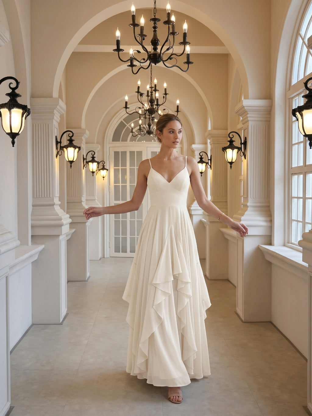 Coquette Ivory Chiffon A-Line V-Neck Ankle-Length Bridesmaid Dress