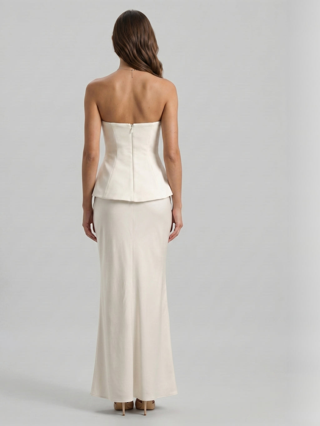 Coquette Ivory Satin Mermaid Off-the-Shoulder Backless Ankle-Length Bridesmaid Dress