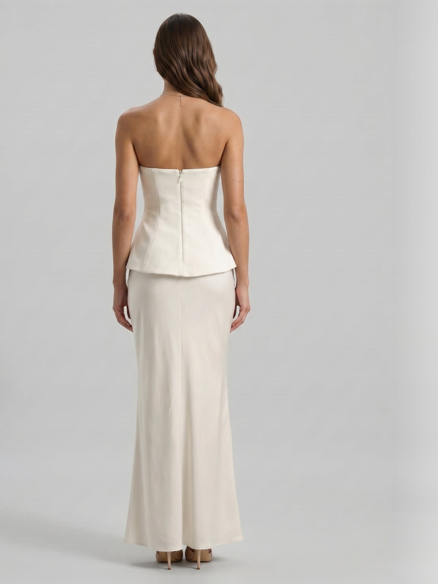 Coquette Ivory Satin Mermaid Off-the-Shoulder Backless Ankle-Length Bridesmaid Dress