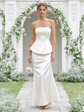 Coquette Ivory Satin Mermaid Off-the-Shoulder Backless Ankle-Length Bridesmaid Dress