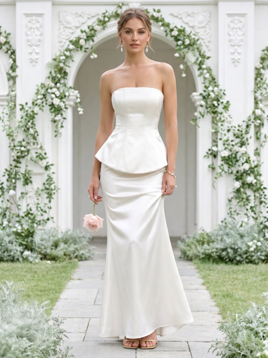 Coquette Ivory Satin Mermaid Off-the-Shoulder Backless Ankle-Length Bridesmaid Dress