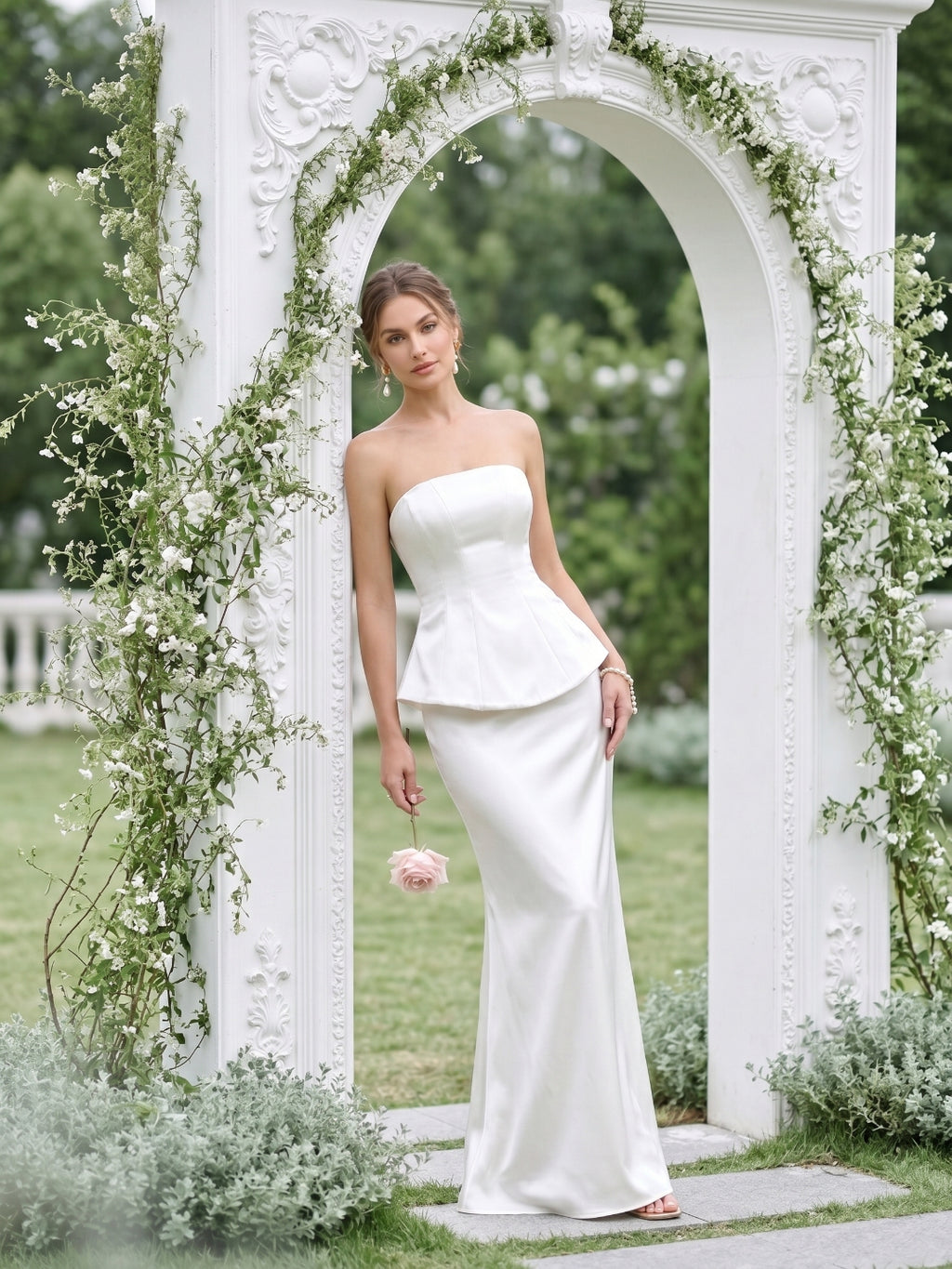 Coquette Ivory Satin Mermaid Off-the-Shoulder Backless Ankle-Length Bridesmaid Dress