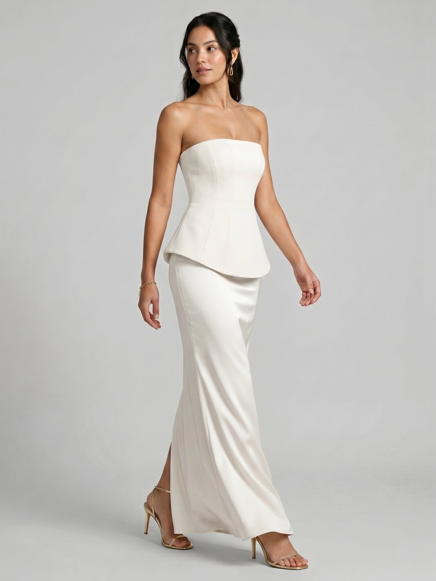 Coquette Ivory Satin Mermaid Off-the-Shoulder Backless Ankle-Length Bridesmaid Dress