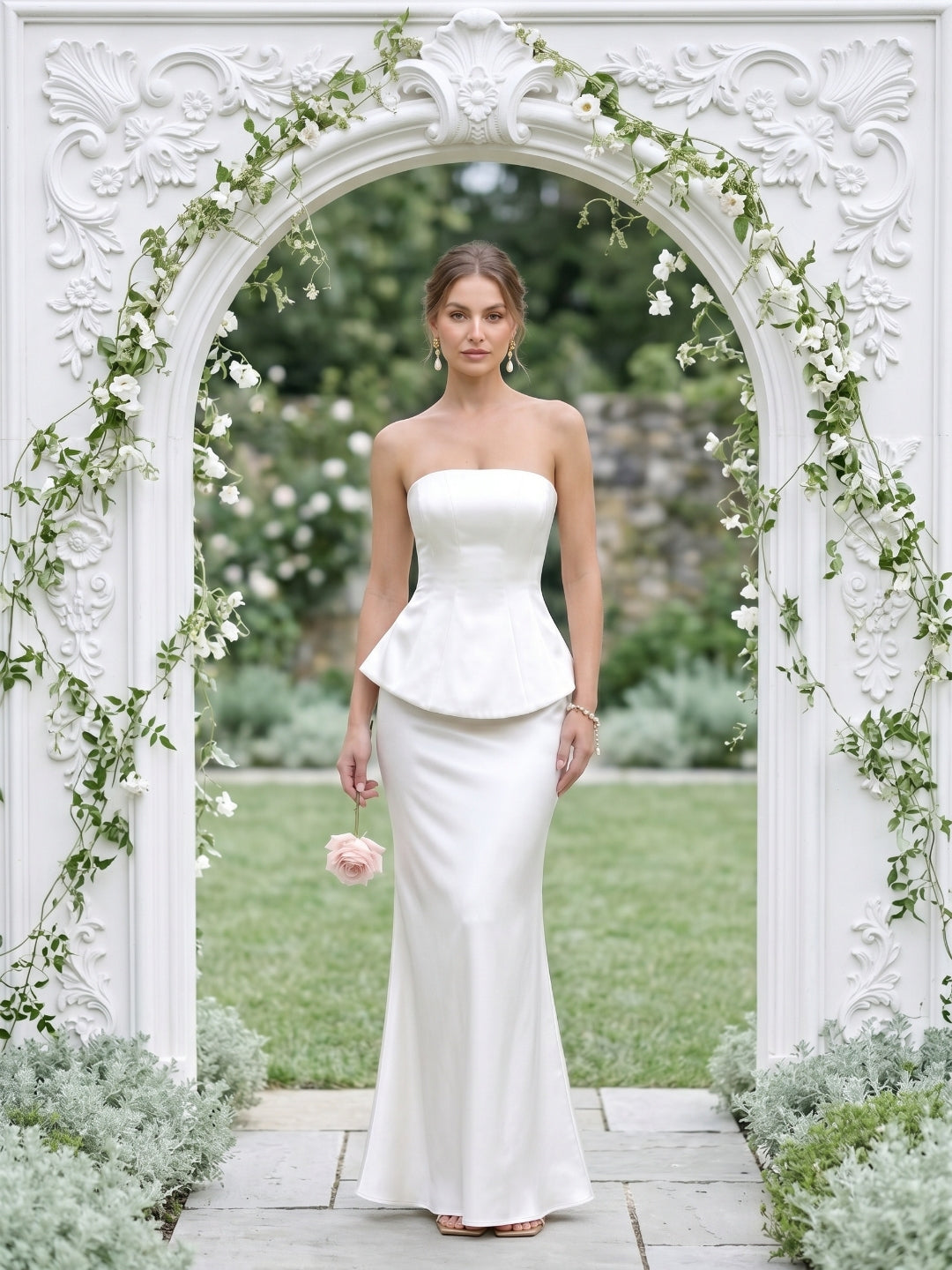 Coquette Ivory Satin Mermaid Off-the-Shoulder Backless Ankle-Length Bridesmaid Dress
