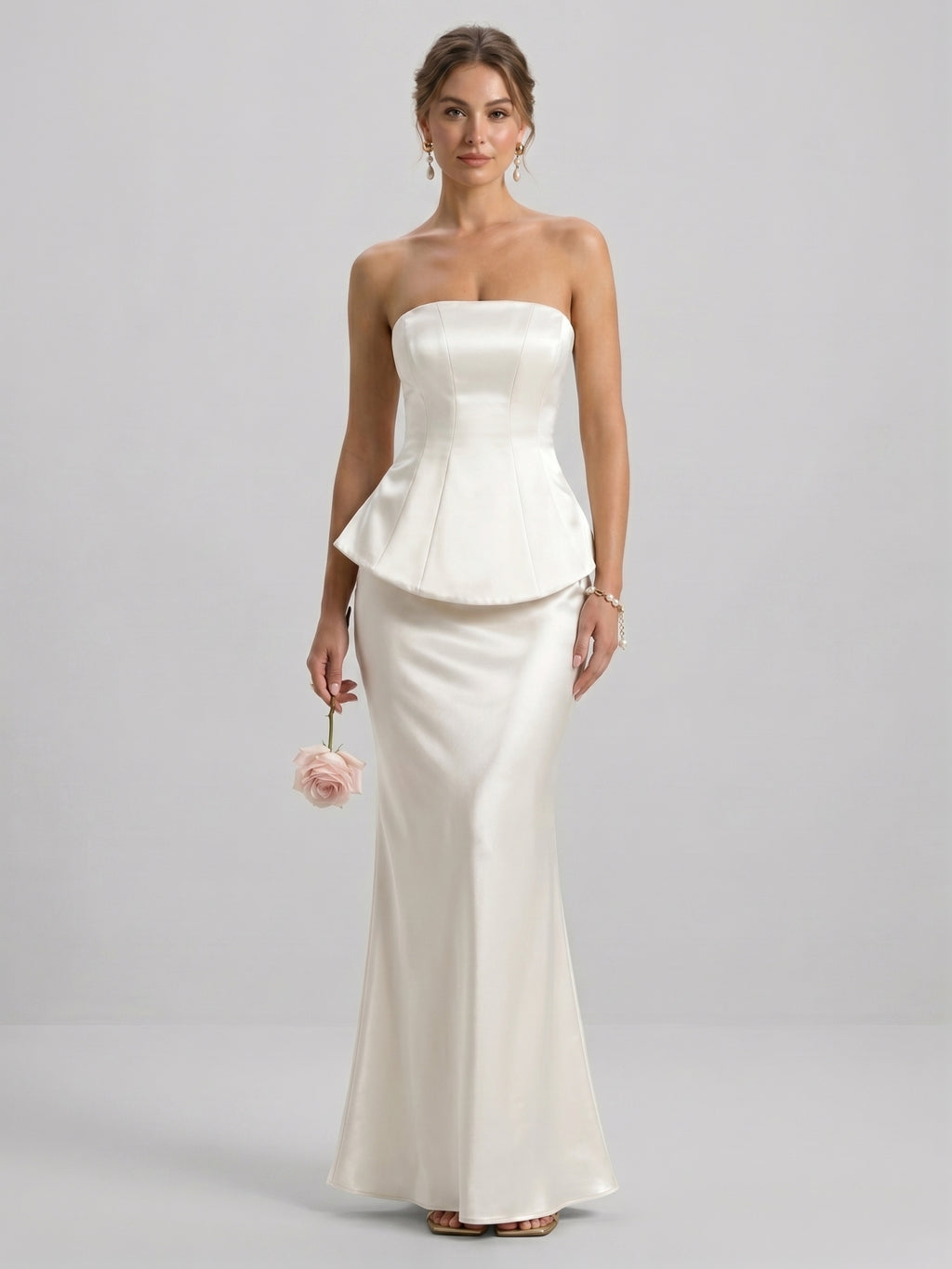Coquette Ivory Satin Mermaid Off-the-Shoulder Backless Ankle-Length Bridesmaid Dress