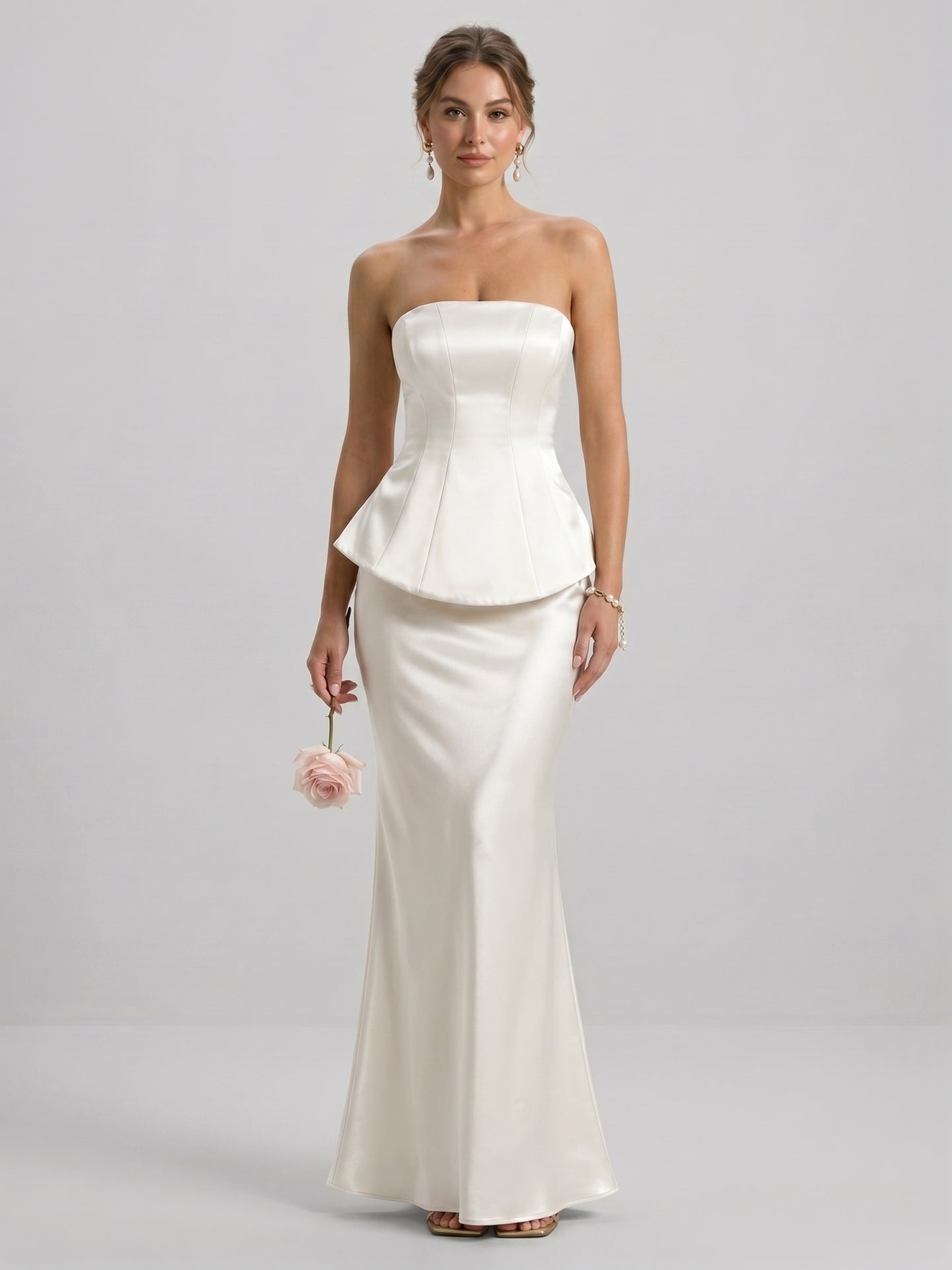 Coquette Ivory Satin Mermaid Off-the-Shoulder Backless Ankle-Length Bridesmaid Dress