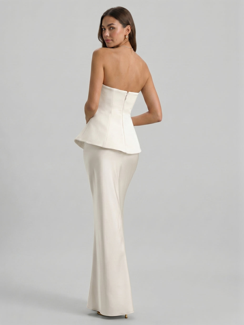 Coquette Ivory Satin Mermaid Off-the-Shoulder Backless Ankle-Length Bridesmaid Dress