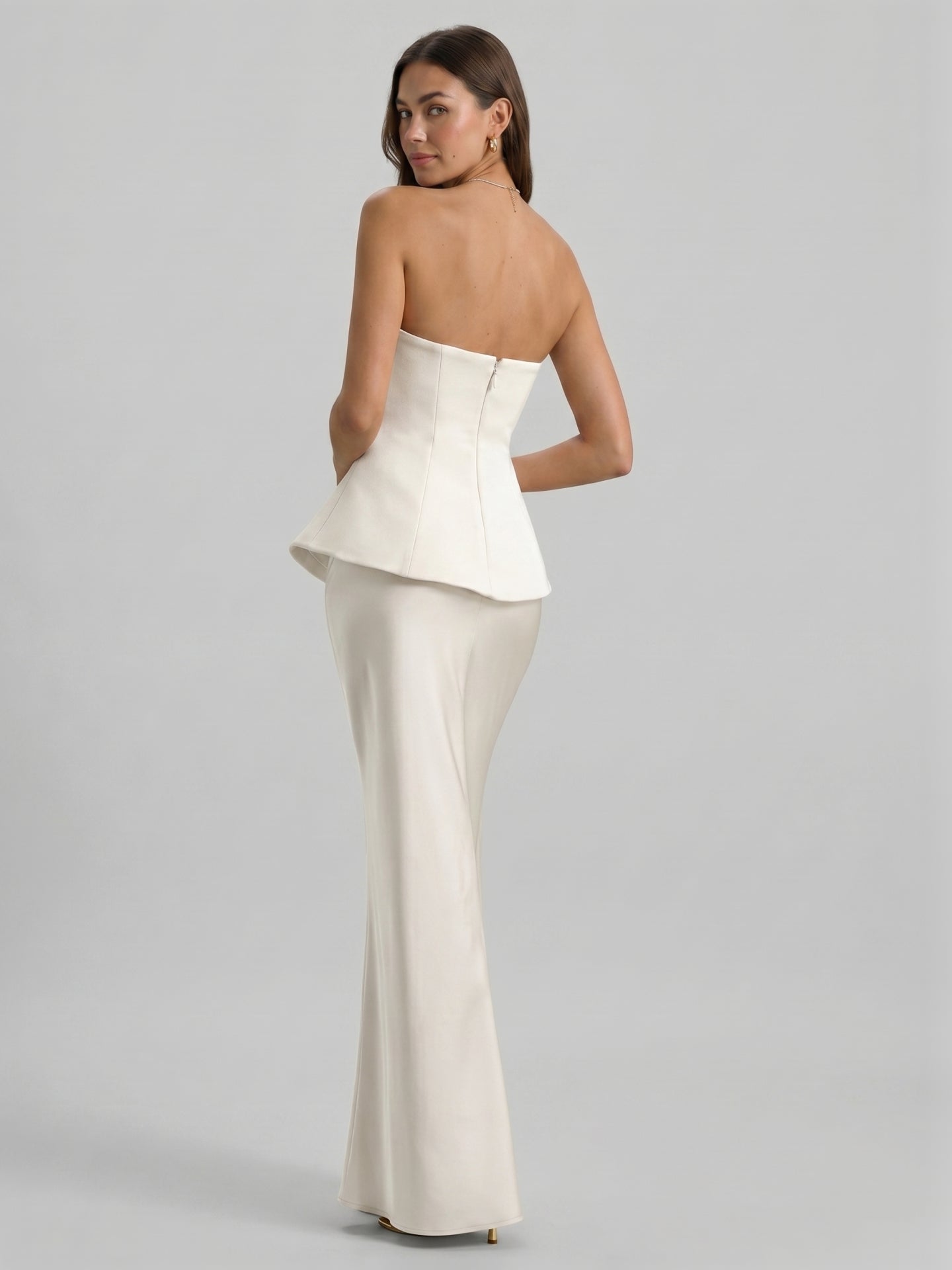 Coquette Ivory Satin Mermaid Off-the-Shoulder Backless Ankle-Length Bridesmaid Dress