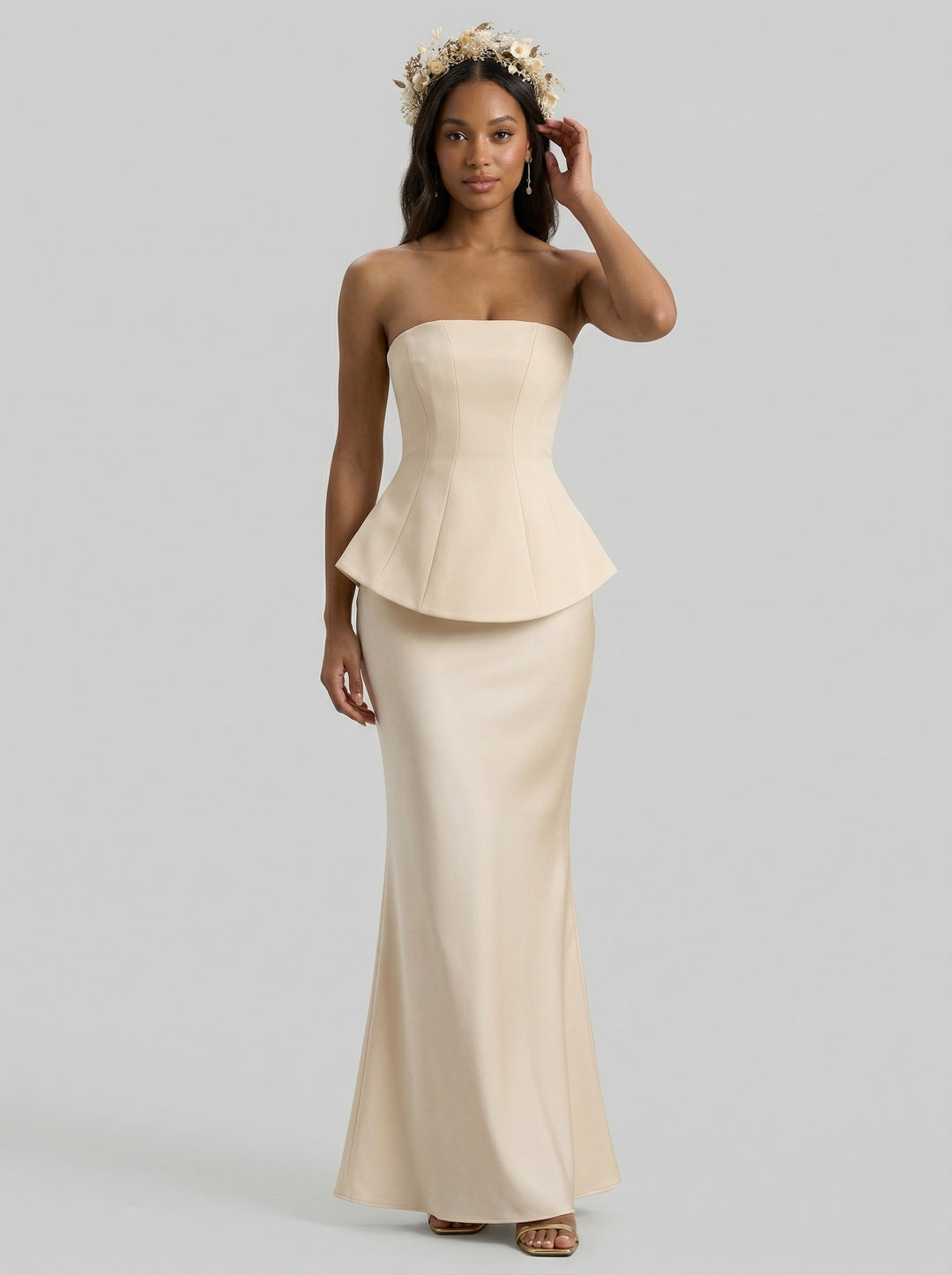 Coquette Ivory Satin Mermaid Off-the-Shoulder Backless Ankle-Length Bridesmaid Dress
