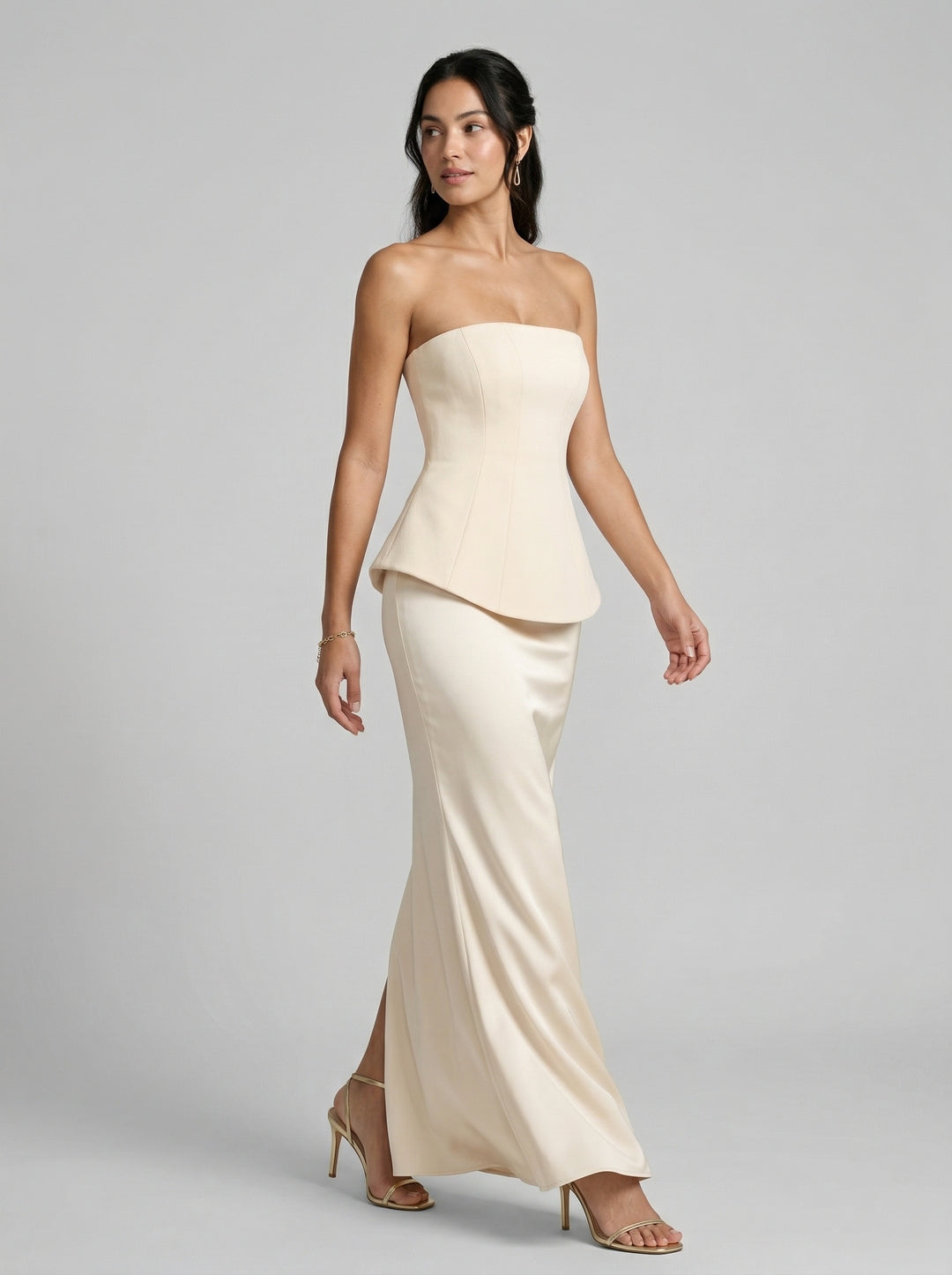Coquette Ivory Satin Mermaid Off-the-Shoulder Backless Ankle-Length Bridesmaid Dress