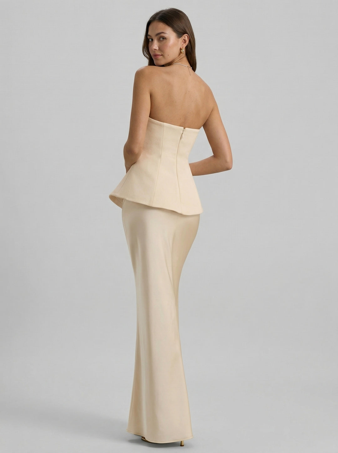 Coquette Ivory Satin Mermaid Off-the-Shoulder Backless Ankle-Length Bridesmaid Dress