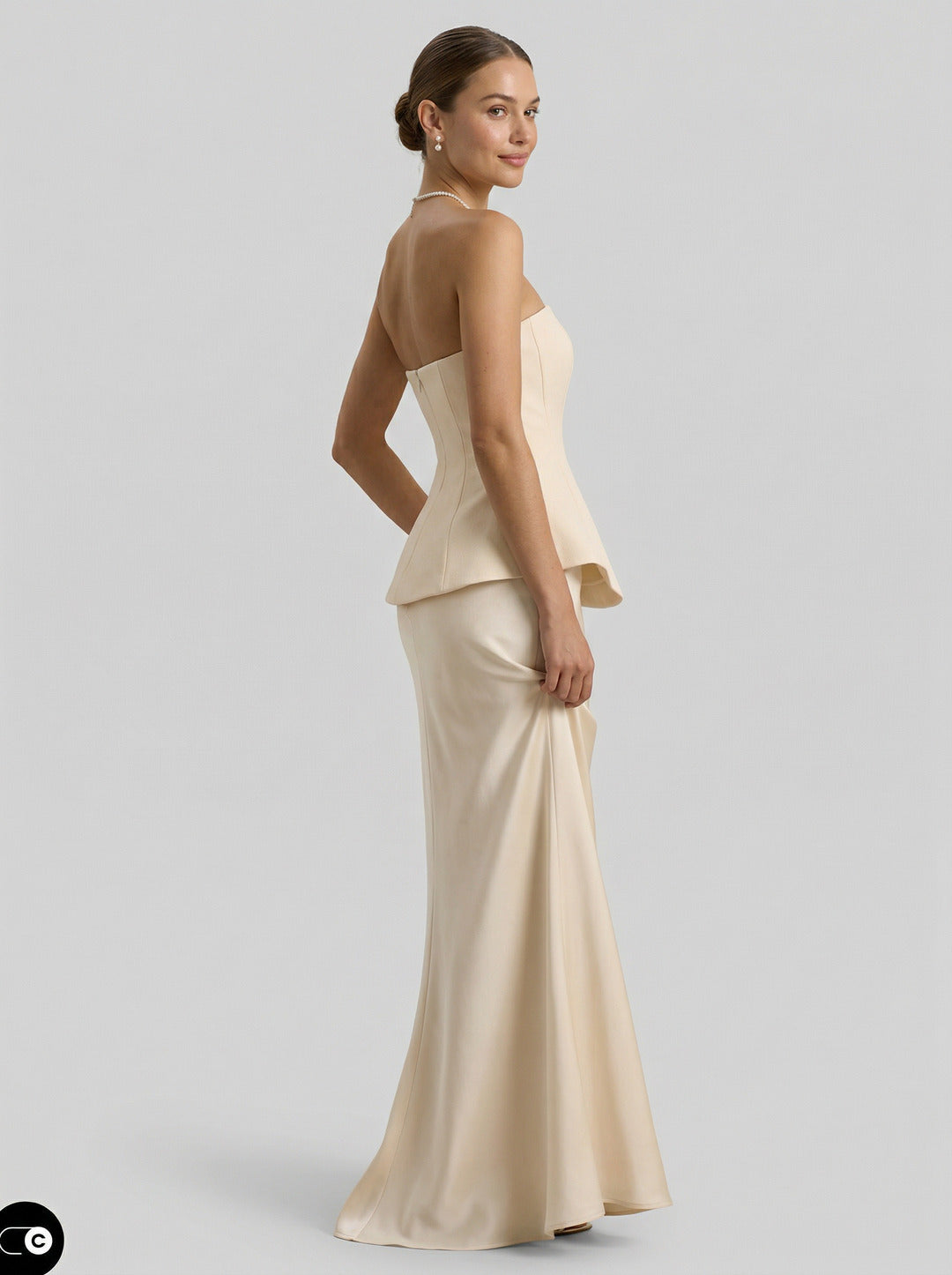 Coquette Ivory Satin Mermaid Off-the-Shoulder Backless Ankle-Length Bridesmaid Dress
