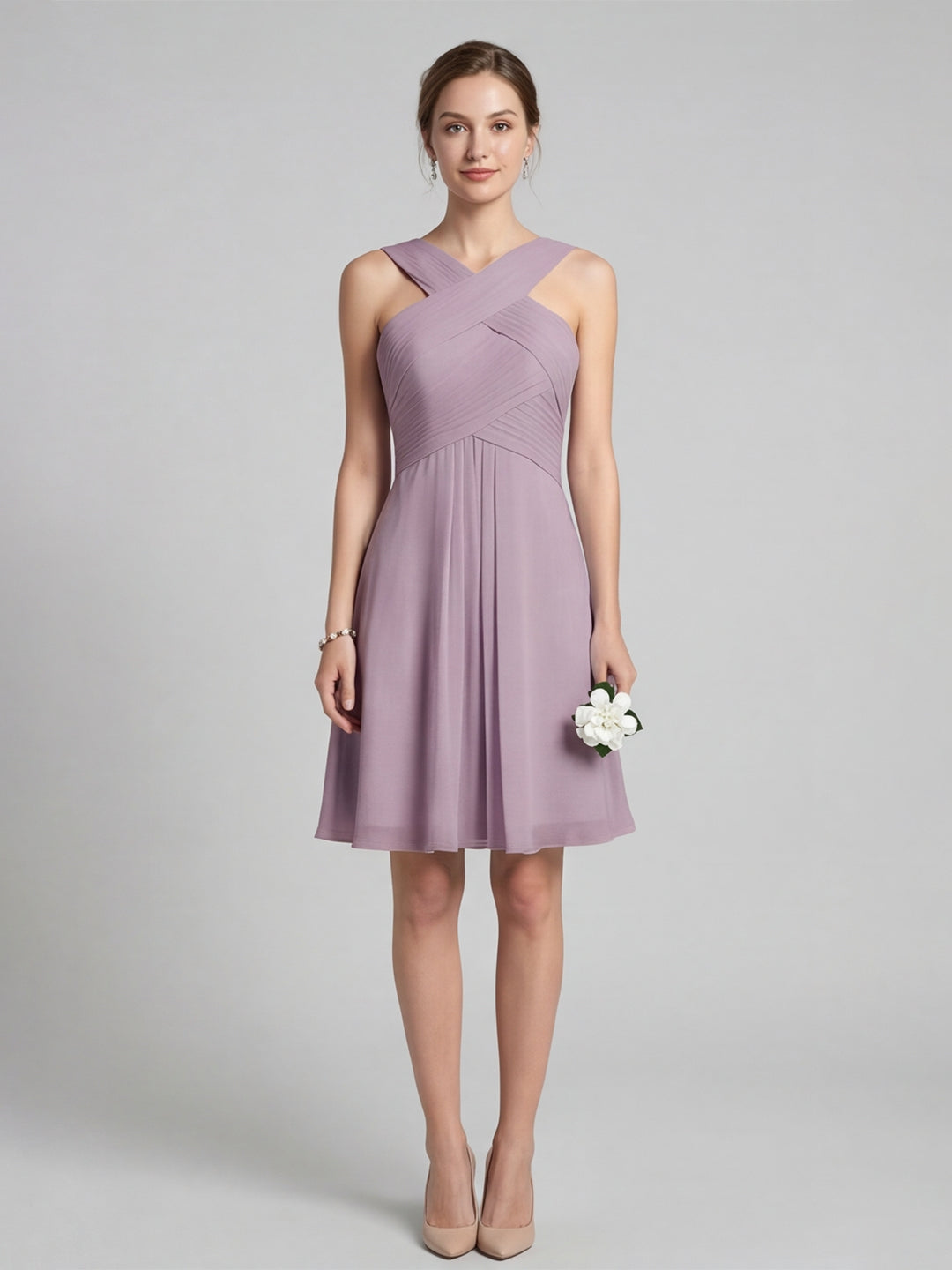 Coquette Lavender Chiffon A-Line Halter neckline Back Zip Knee-Length Bridesmaid Dress