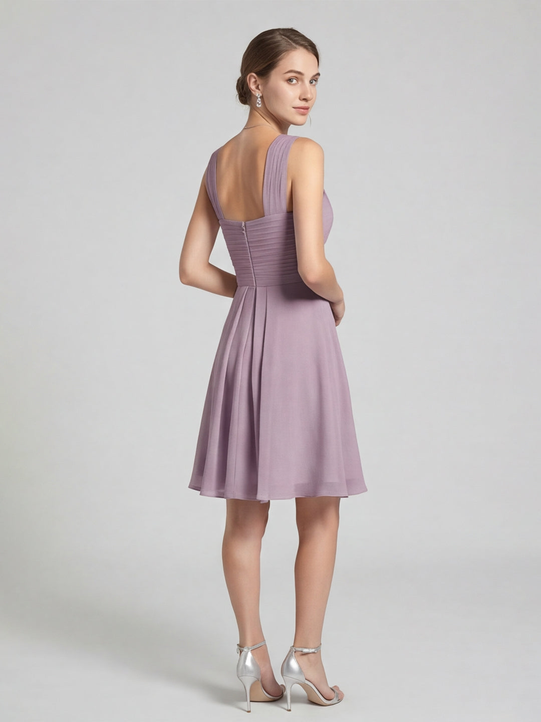 Coquette Lavender Chiffon A-Line Halter neckline Back Zip Knee-Length Bridesmaid Dress