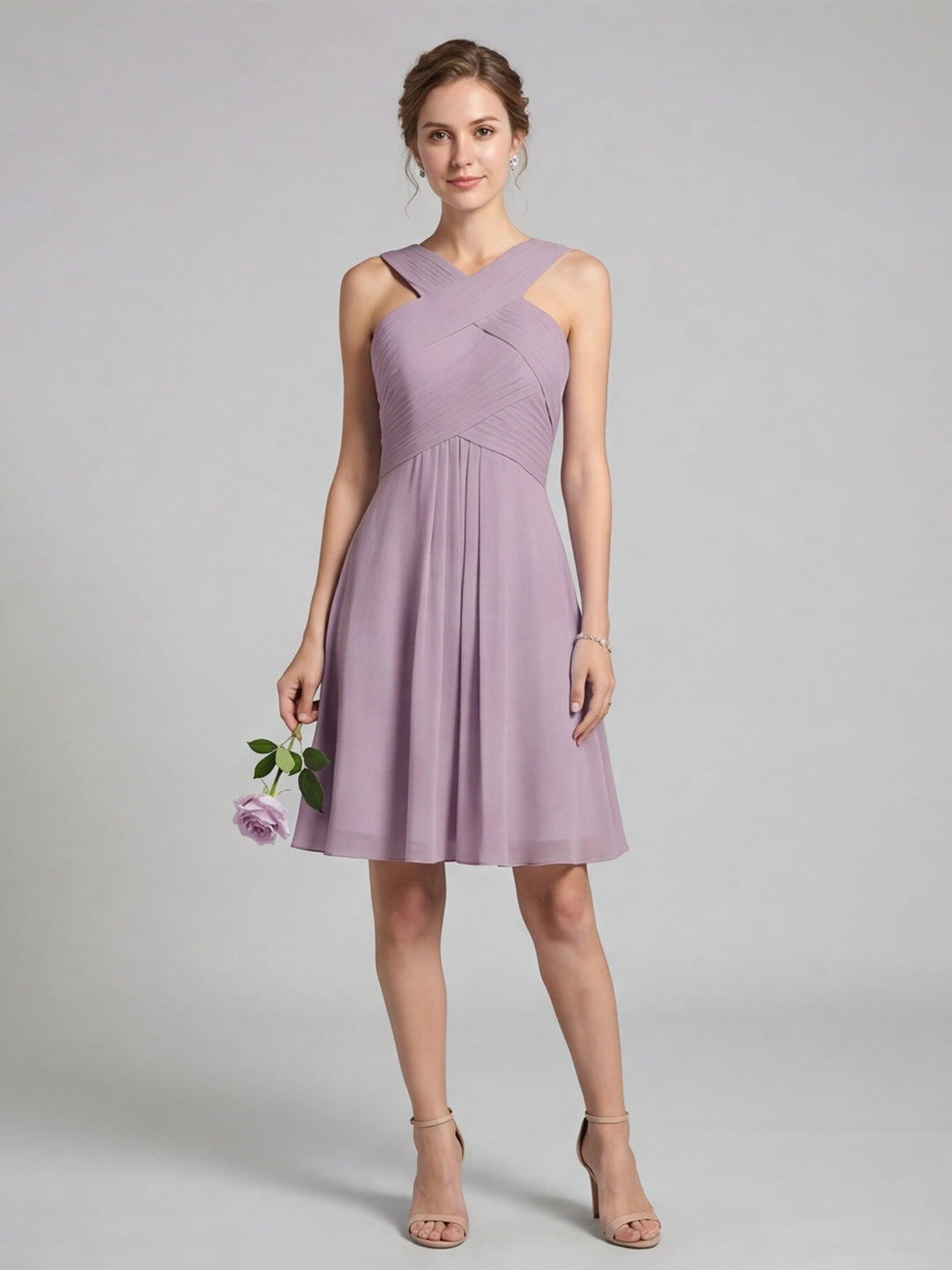 Coquette Lavender Chiffon A-Line Halter neckline Back Zip Knee-Length Bridesmaid Dress