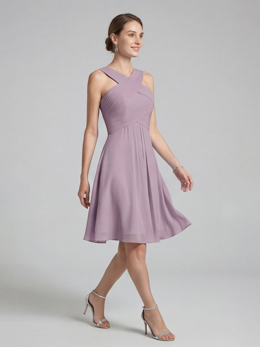 Coquette Lavender Chiffon A-Line Halter neckline Back Zip Knee-Length Bridesmaid Dress