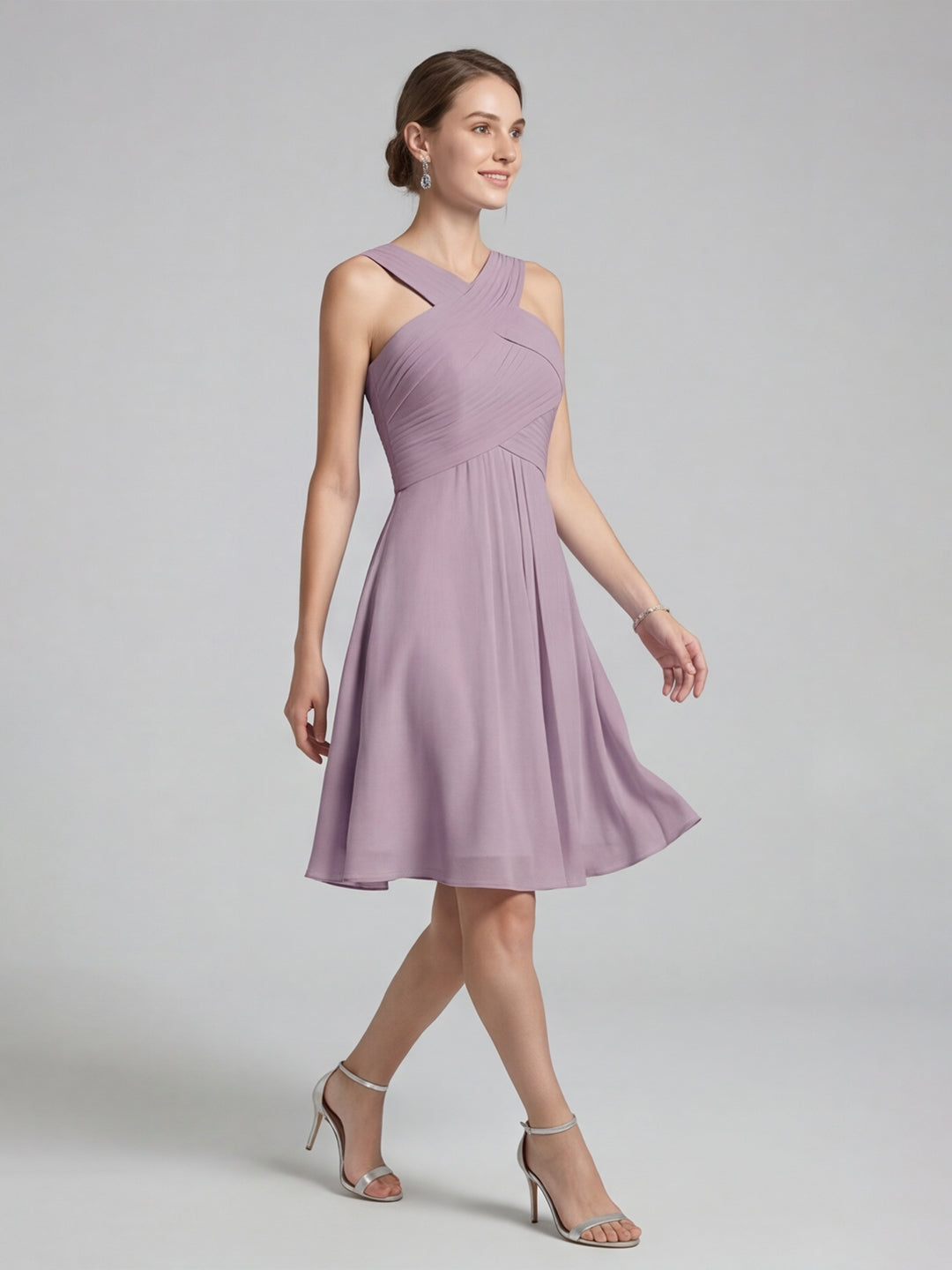 Coquette Lavender Chiffon A-Line Halter neckline Back Zip Knee-Length Bridesmaid Dress