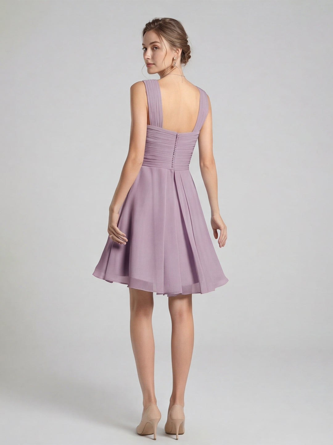 Coquette Lavender Chiffon A-Line Halter neckline Back Zip Knee-Length Bridesmaid Dress