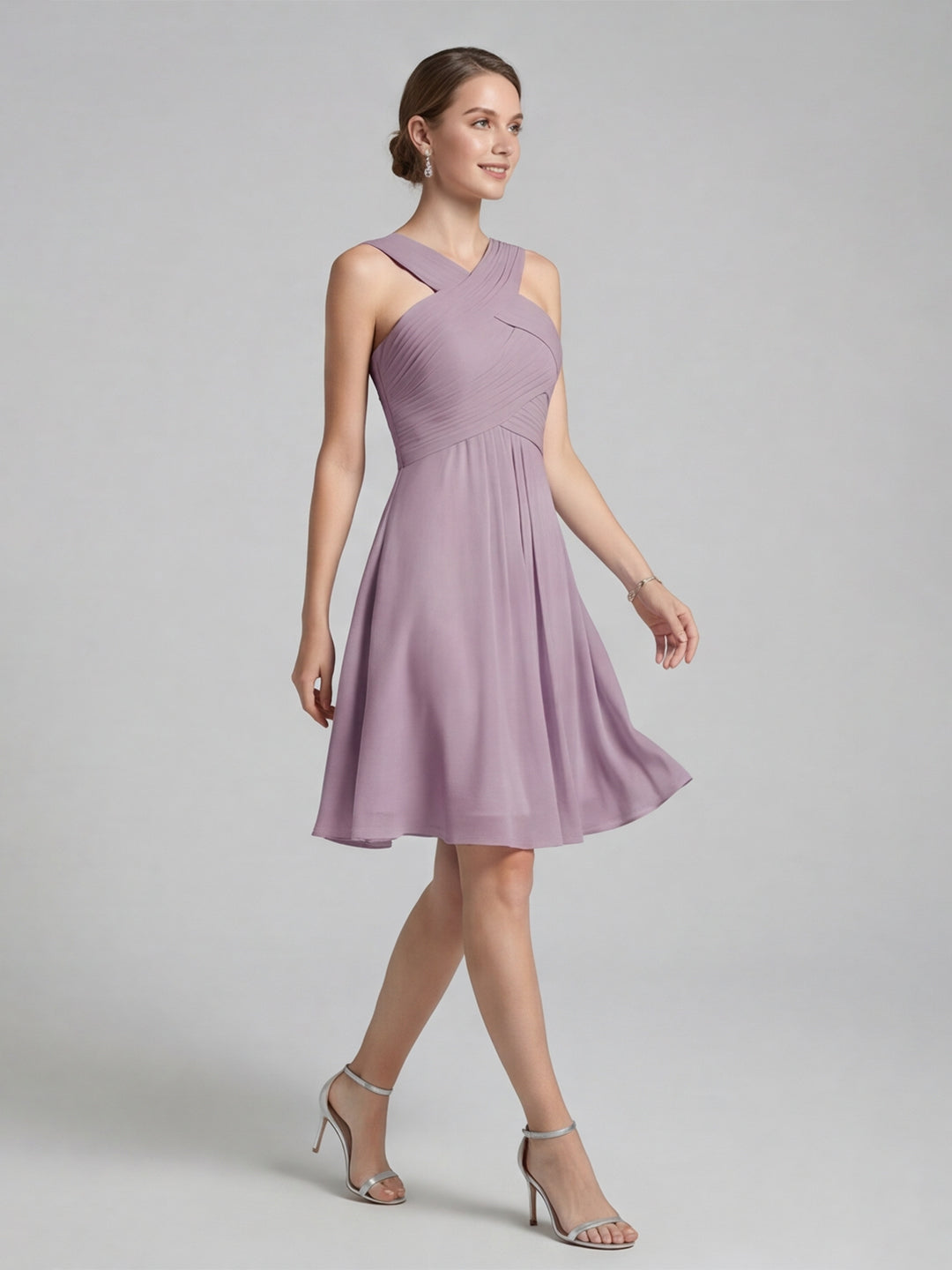Coquette Lavender Chiffon A-Line Halter neckline Back Zip Knee-Length Bridesmaid Dress