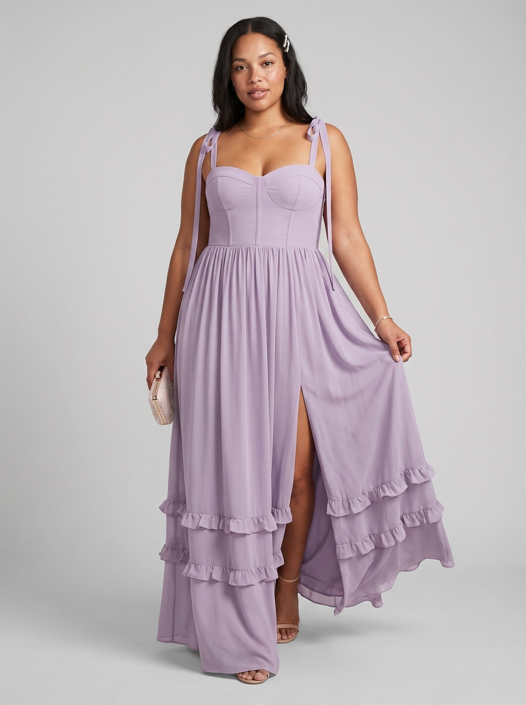 Coquette Lavender Chiffon A-Line Straight Neck Backless Ankle-Length Plus Size Bridesmaid Dress