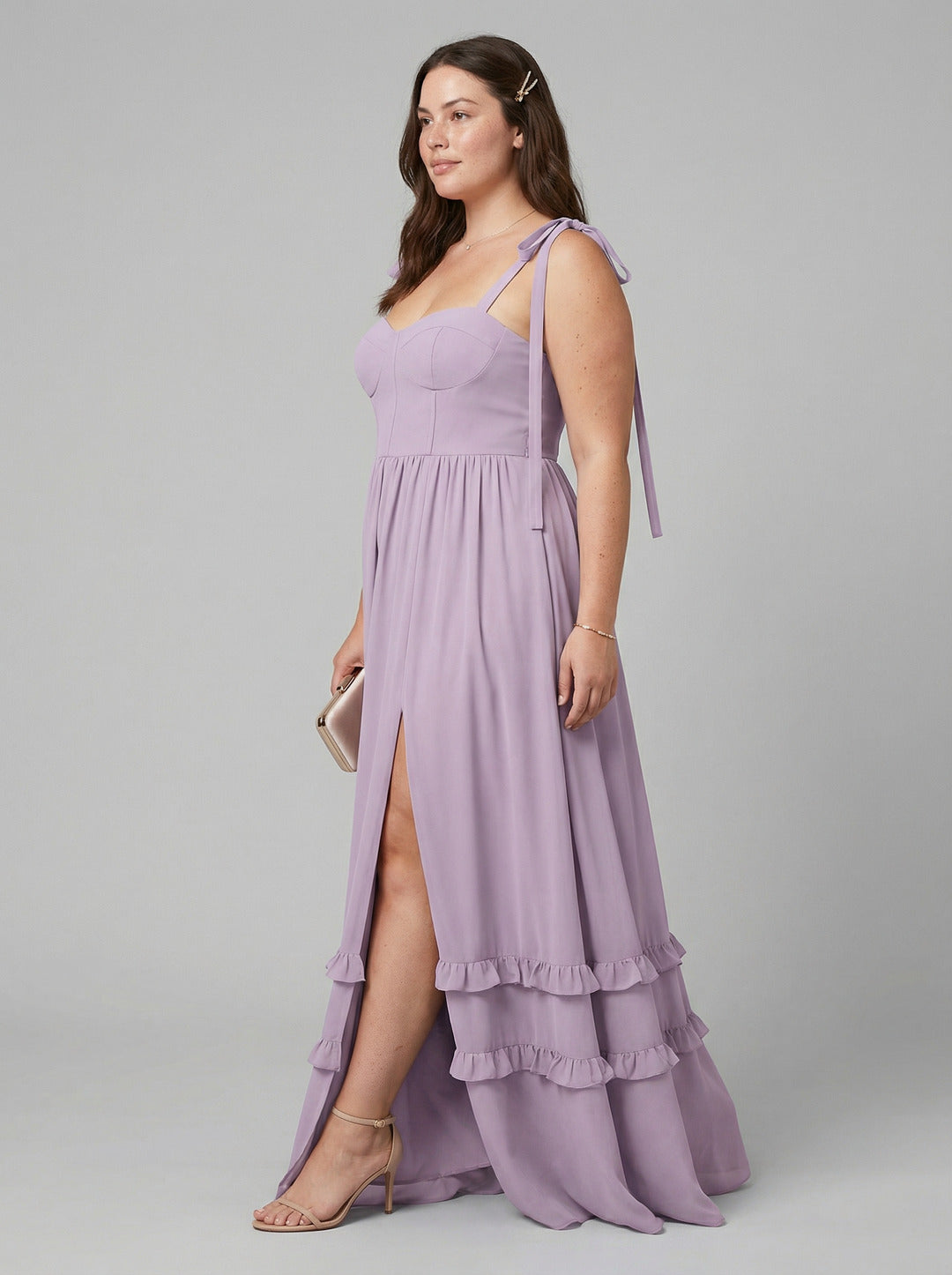 Coquette Lavender Chiffon A-Line Straight Neck Backless Ankle-Length Plus Size Bridesmaid Dress