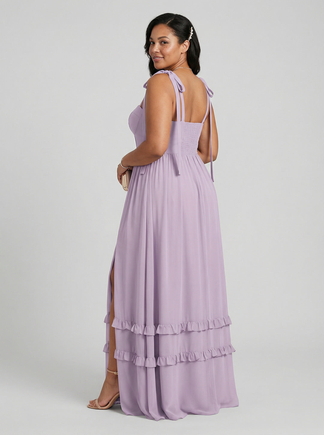 Coquette Lavender Chiffon A-Line Straight Neck Backless Ankle-Length Plus Size Bridesmaid Dress