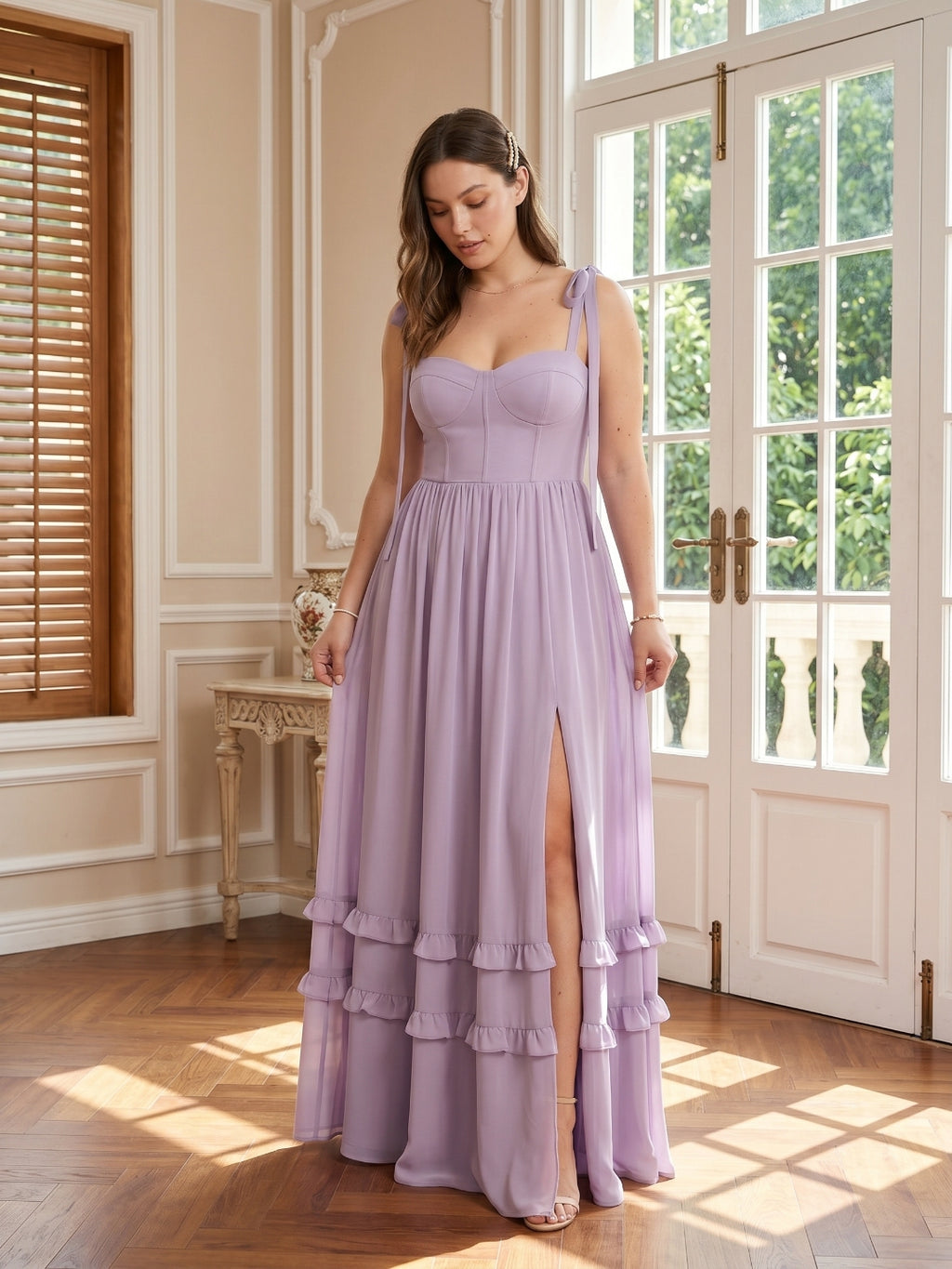 Coquette Lavender Chiffon A-Line Straight Neck Backless Ankle-Length Plus Size Bridesmaid Dress