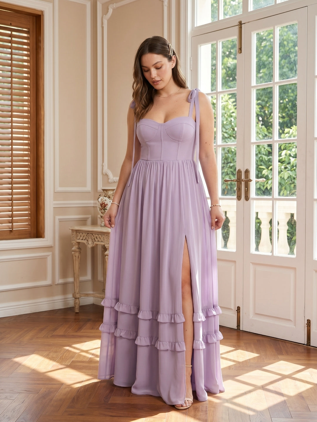 Coquette Lavender Chiffon A-Line Straight Neck Backless Ankle-Length Plus Size Bridesmaid Dress