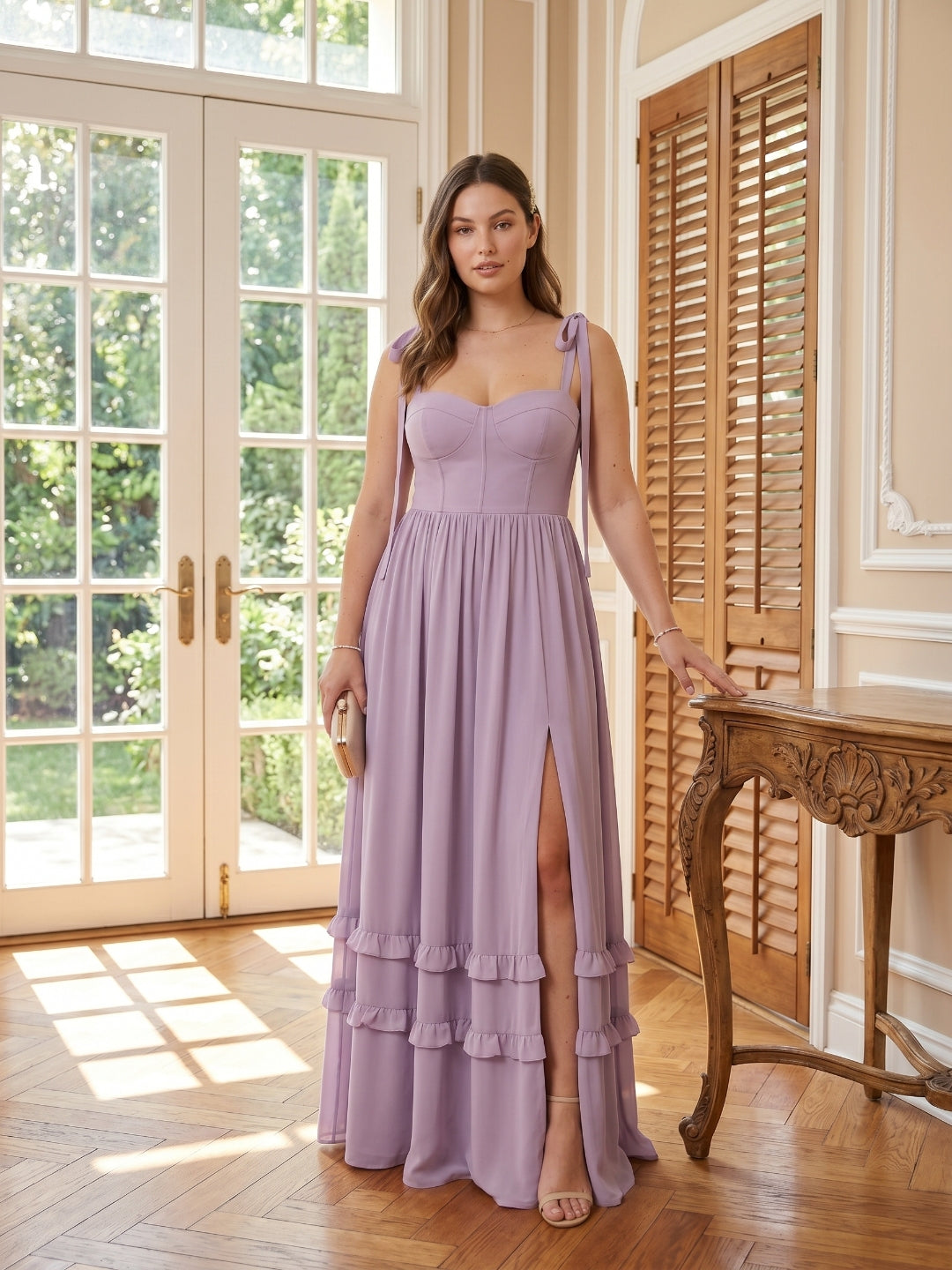 Coquette Lavender Chiffon A-Line Straight Neck Backless Ankle-Length Plus Size Bridesmaid Dress