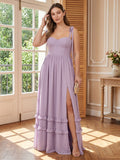 Coquette Lavender Chiffon A-Line Straight Neck Backless Ankle-Length Plus Size Bridesmaid Dress