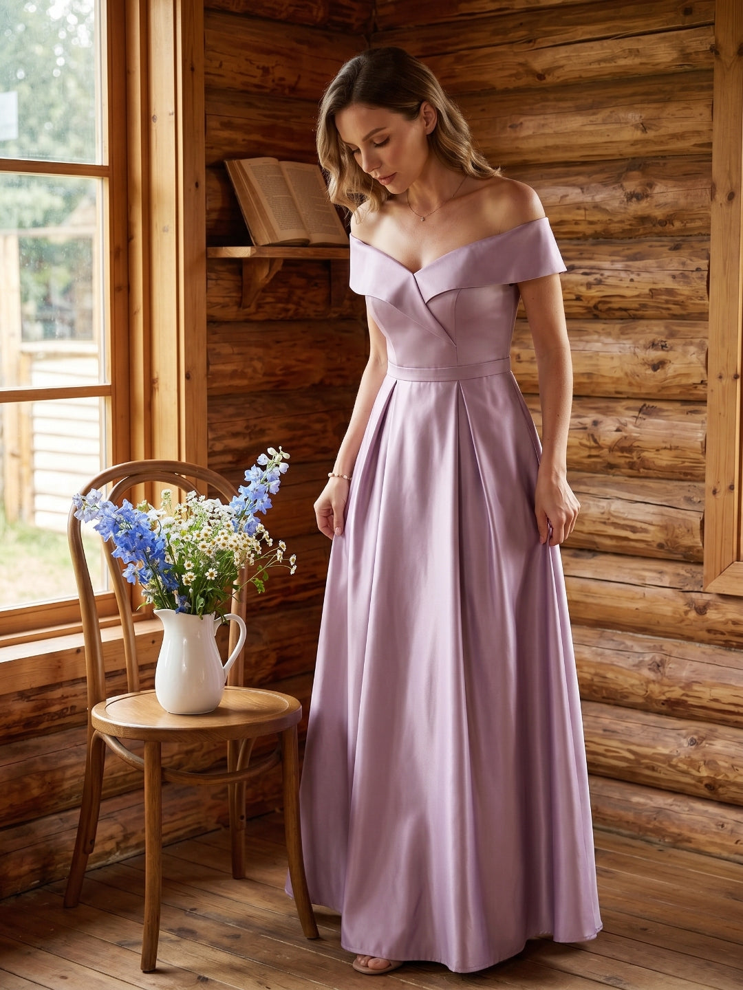 Coquette Lavender Satin A-Line Off-the-Shoulder Back Zip Ankle-Length Bridesmaid Dress