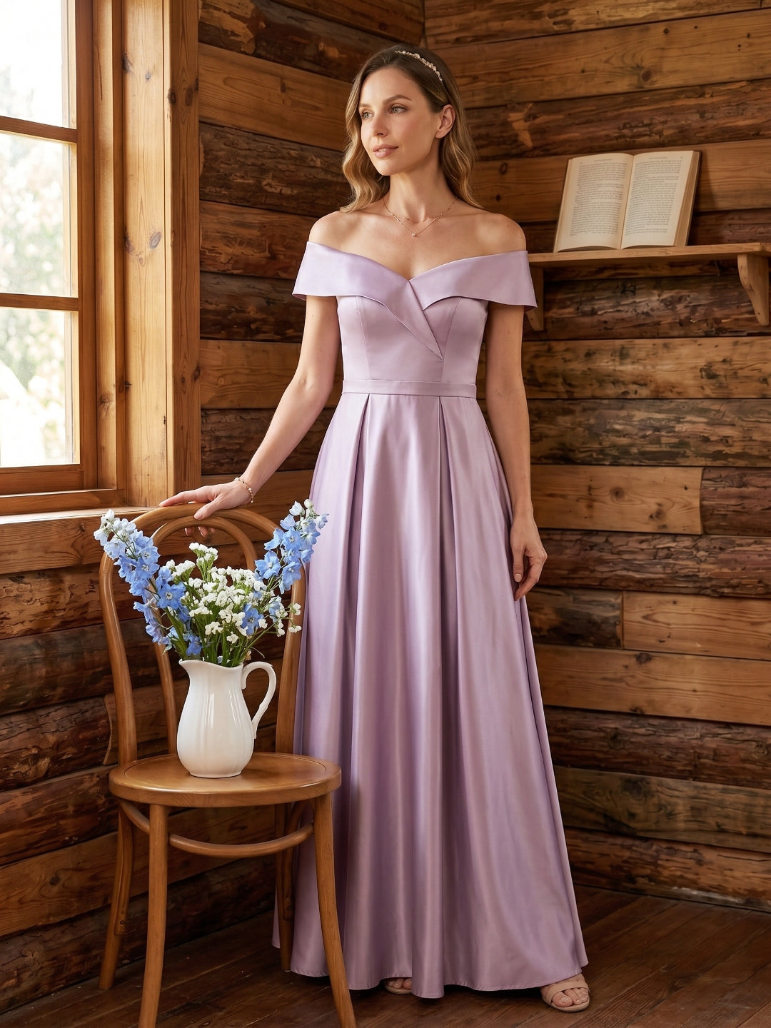Coquette Lavender Satin A-Line Off-the-Shoulder Back Zip Ankle-Length Bridesmaid Dress