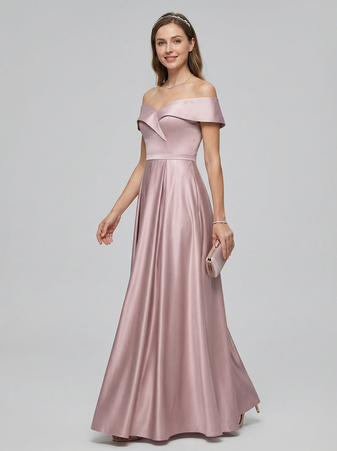 Coquette Lavender Satin A-Line Off-the-Shoulder Back Zip Ankle-Length Bridesmaid Dress