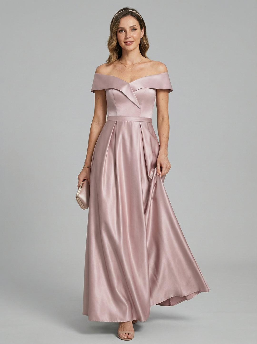 Coquette Lavender Satin A-Line Off-the-Shoulder Back Zip Ankle-Length Bridesmaid Dress
